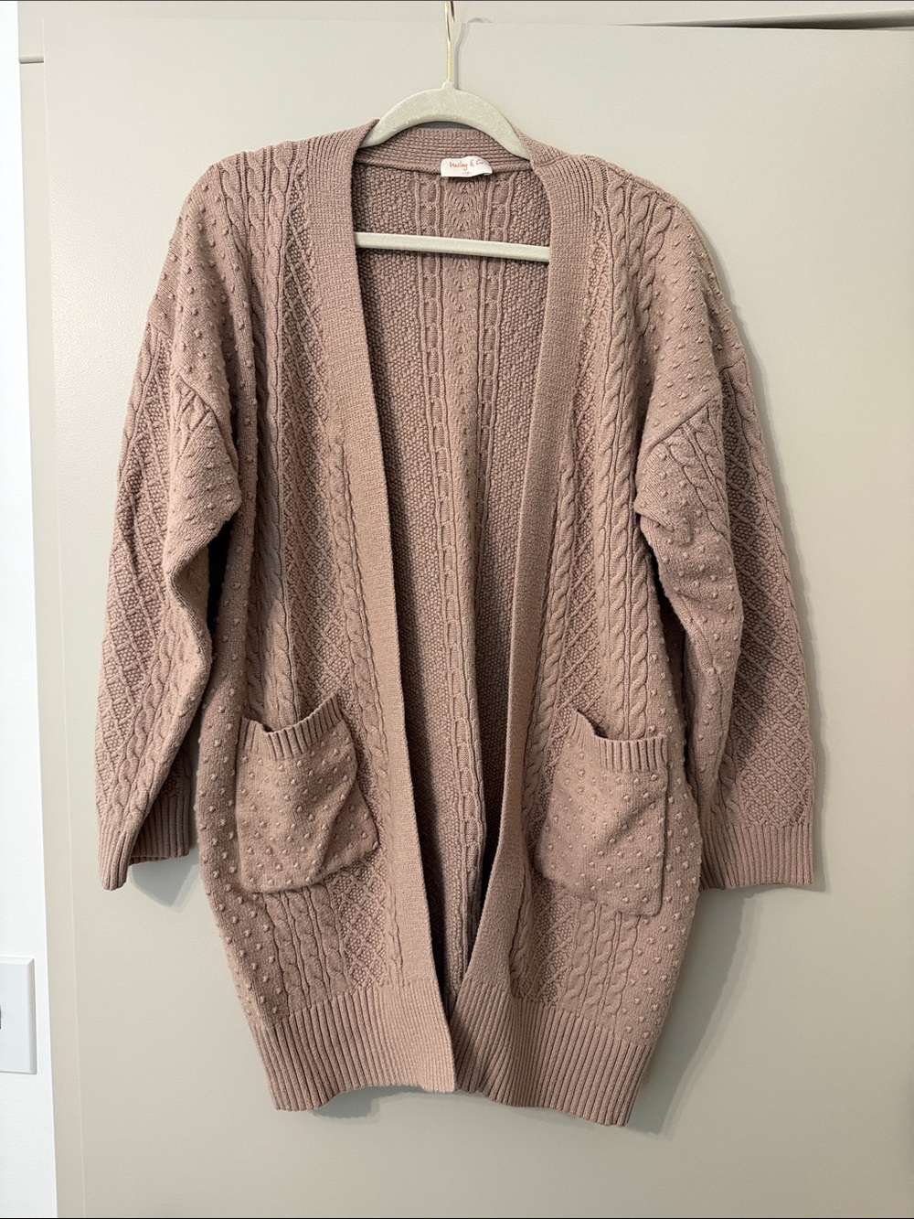 Open-Front Cable Knit Cardigan in Dusty Rose